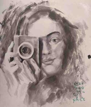 Painting of a woman holding a camera over her eye